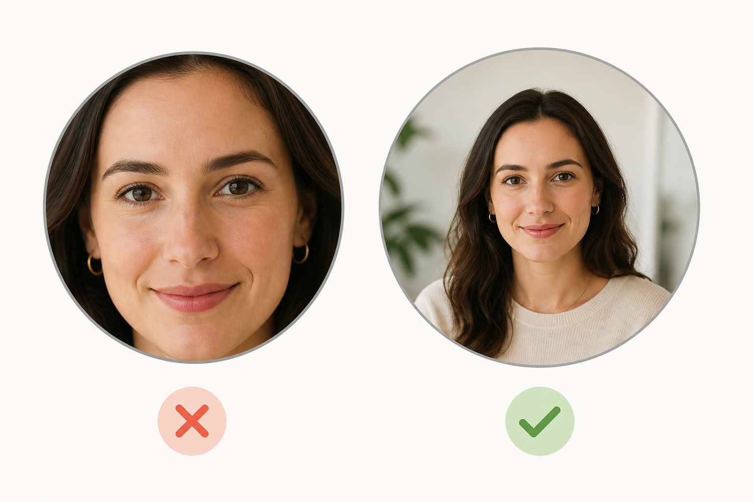 Side-by-side circular crops showing a tightly cropped subject versus one with comfortable breathing room. Side-by-side circular crops showing a tightly cropped subject versus one with comfortable breathing room.