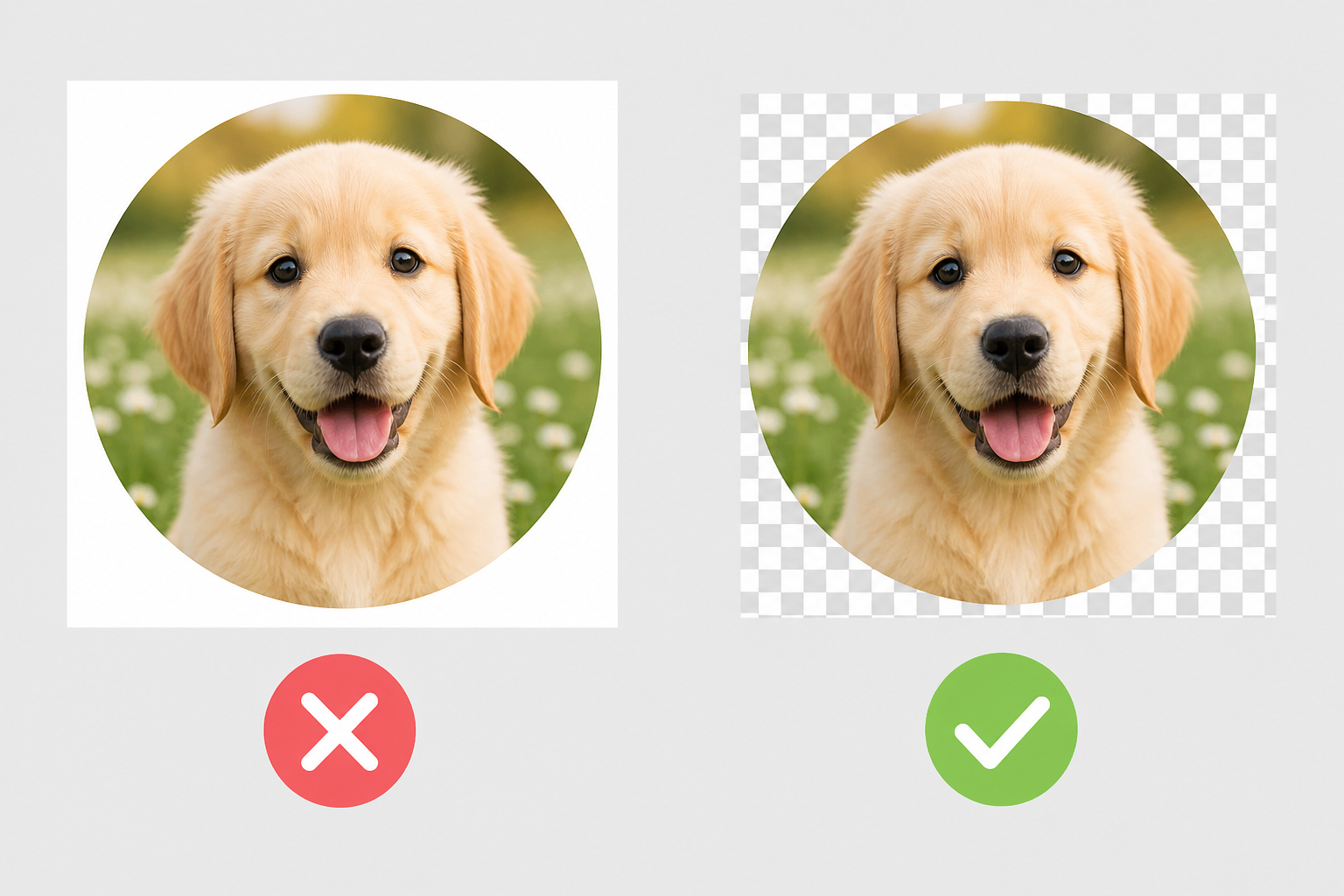 Circular photo stuck on a square opaque background versus a true transparent circular cutout. Circular photo stuck on a square opaque background versus a true transparent circular cutout.