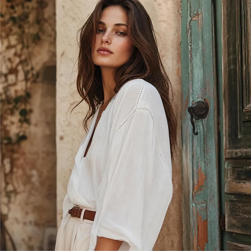 A woman photography with a wall background