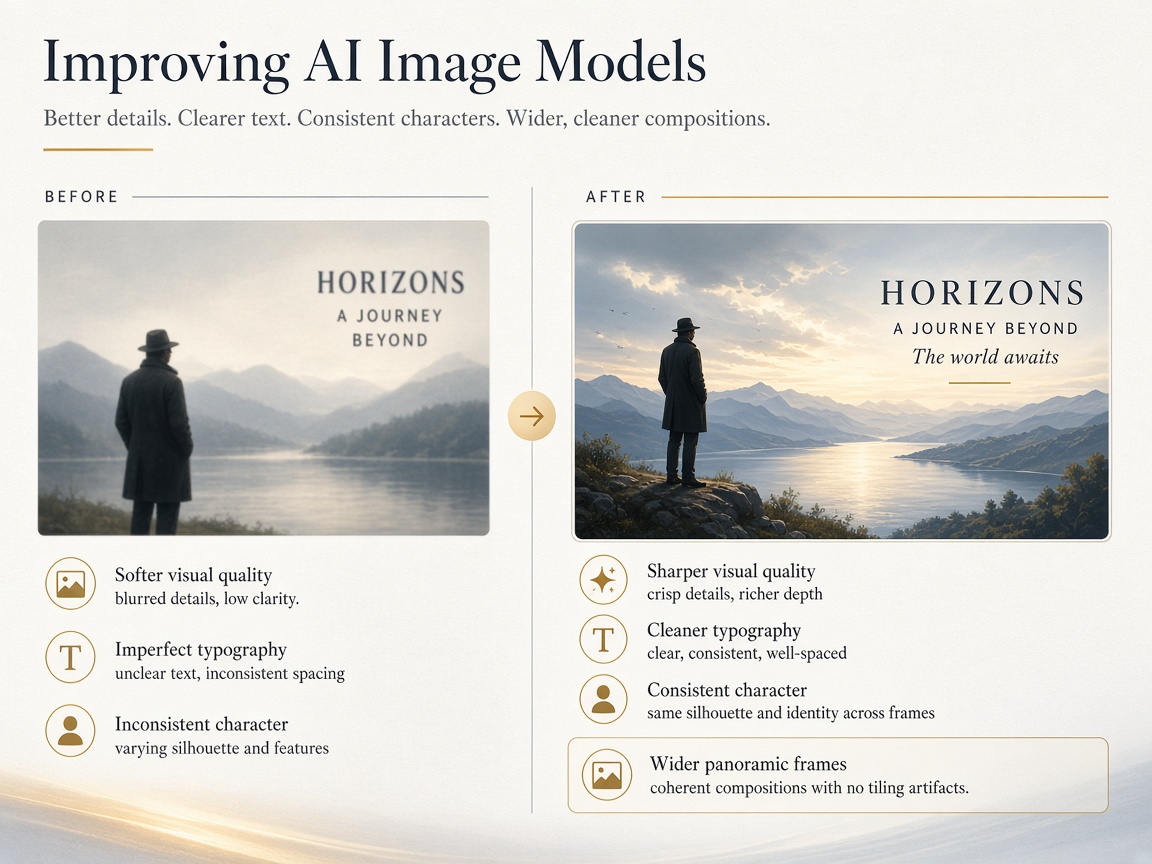 Visual summary of Nano Banana 2.1 improvements including image quality, text rendering, consistency, and panoramic frames