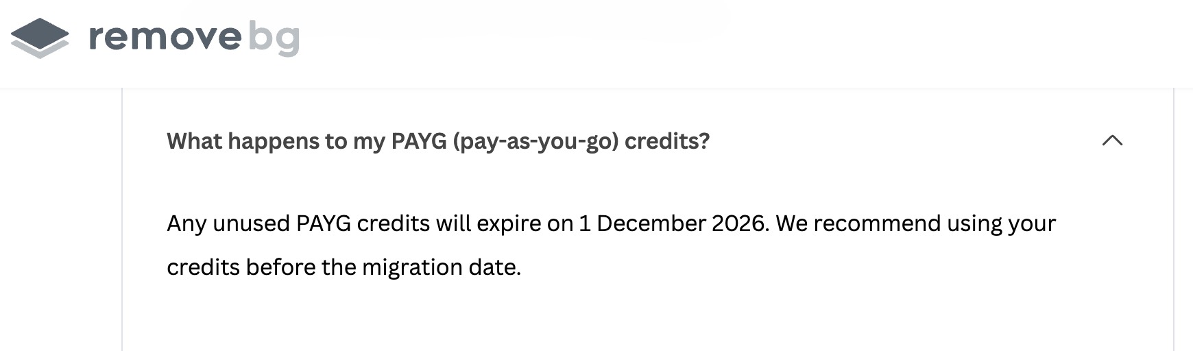 remove.bg FAQ answering what happens to PAYG credits, stating unused credits expire on 1 December 2026