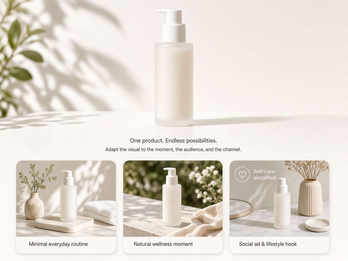 Ecommerce product photo transforming into lifestyle and social ad variants for Designkit visual production workflow