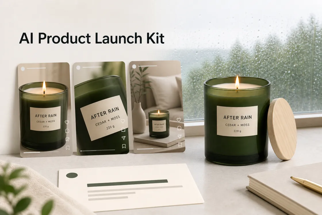 Hero candle photo with the title An AI Product Launch Kit.
