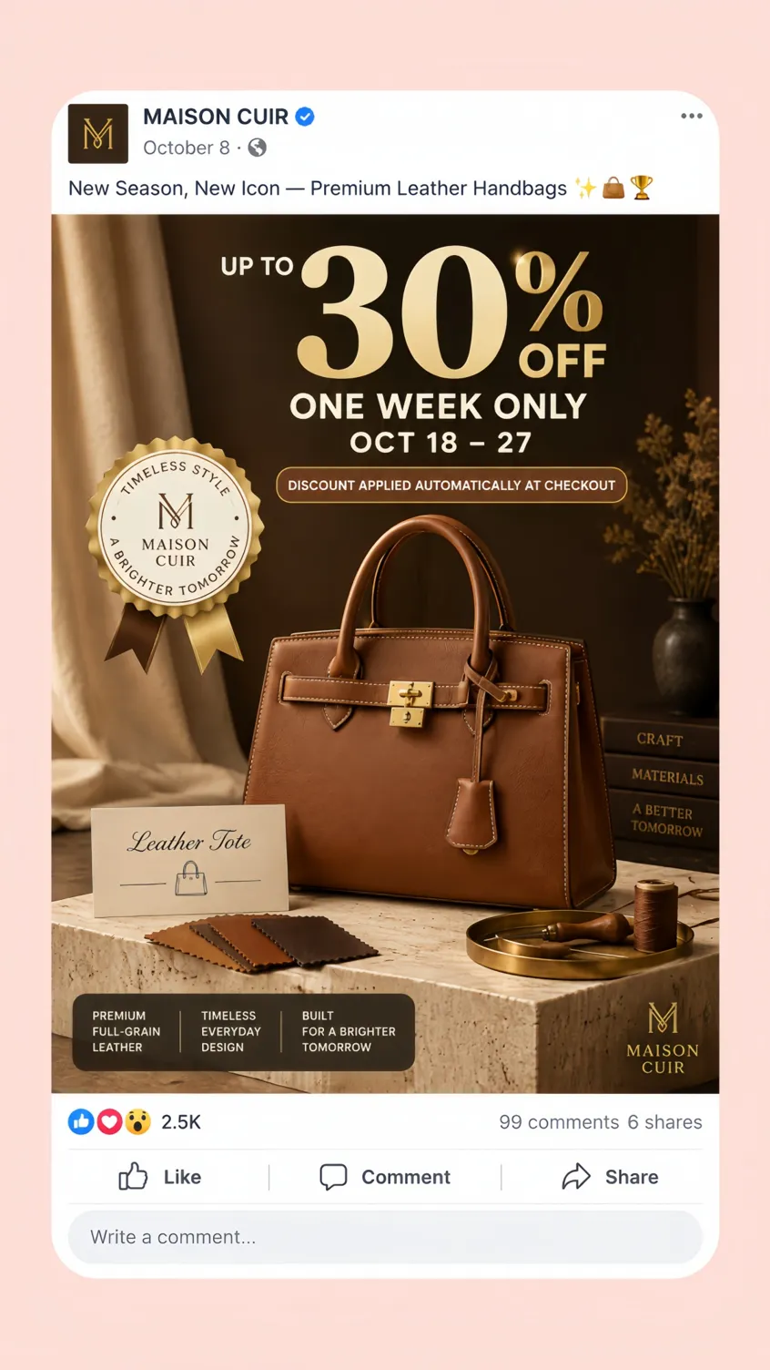 Publicação promocional no Facebook para uma promoção de bolsas de couro da Maison Cuir