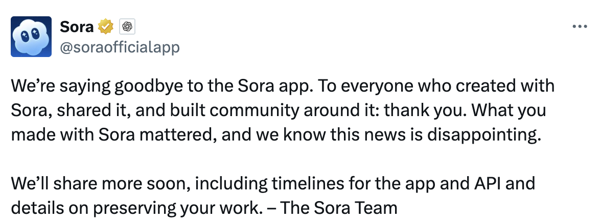 sora shutdown announcement on x