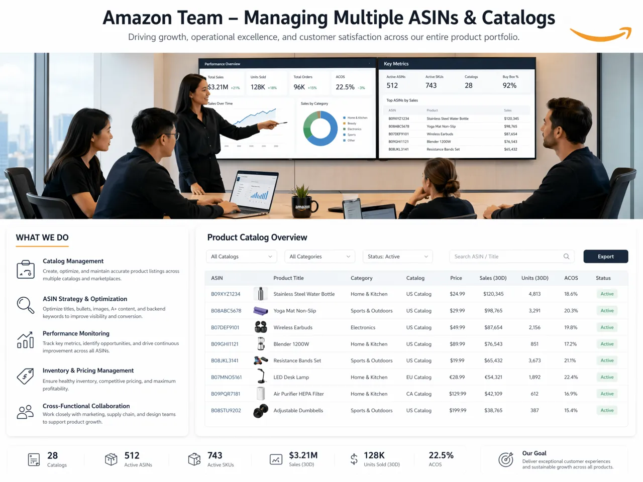 Equipes da Amazon gerenciando catálogos com vários ASINs