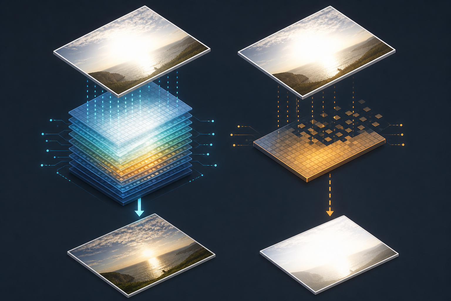 Diagram comparing rich RAW sensor data that can recover bright highlights versus compressed JPEG data with clipped, unrecoverable whites. Diagram comparing rich RAW sensor data that can recover bright highlights versus compressed JPEG data with clipped, unrecoverable whites.