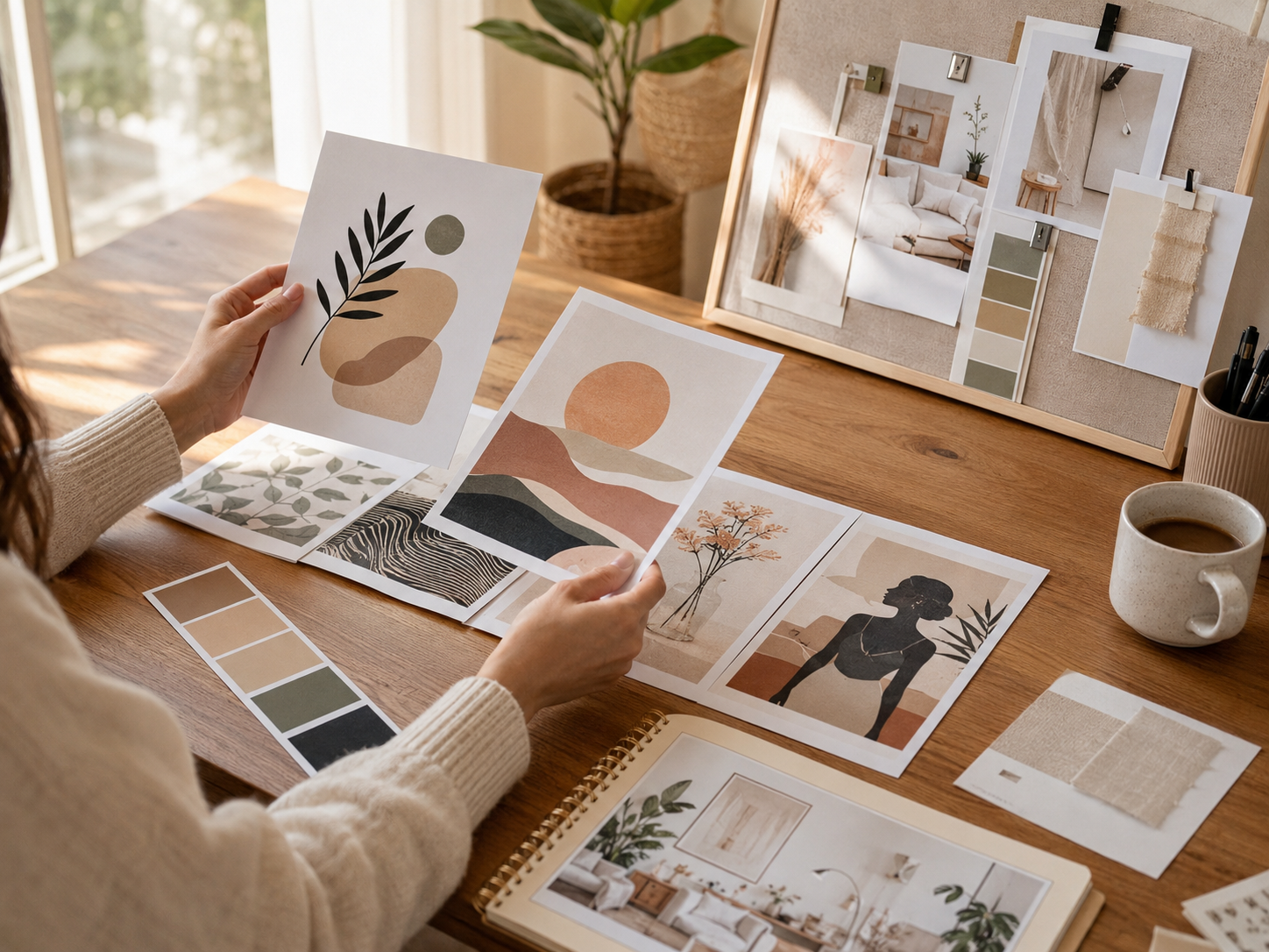 Hands choosing poster references with mood board and color swatches.