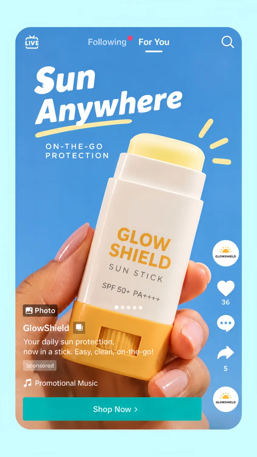 Promoção vertical para redes sociais do protetor solar em bastão GlowShield com botão Compre agora
