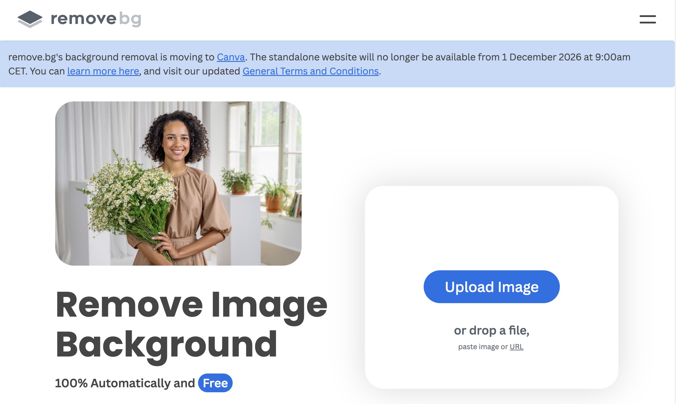 remove.bg homepage banner stating background removal is moving to Canva and the standalone website will close on 1 December 2026