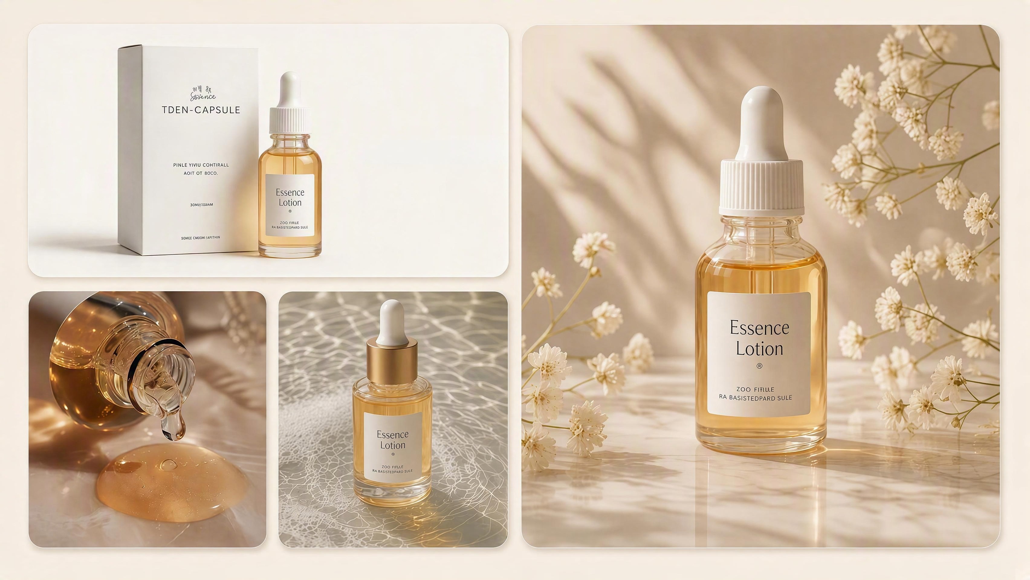 Grid of white-background, detail, and lifestyle serum listing photos