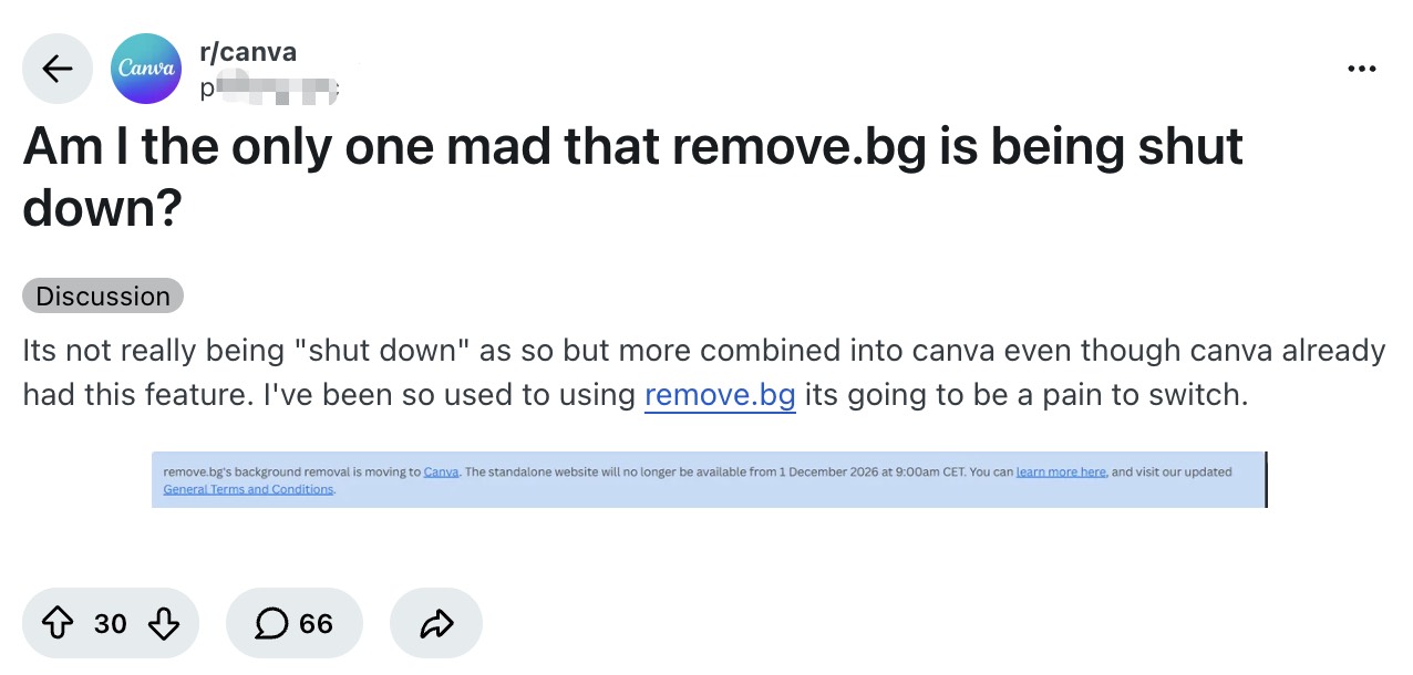 Reddit post in r/canva asking Am I the only one mad that remove.bg is being shut down, with 30 upvotes and 66 comments
