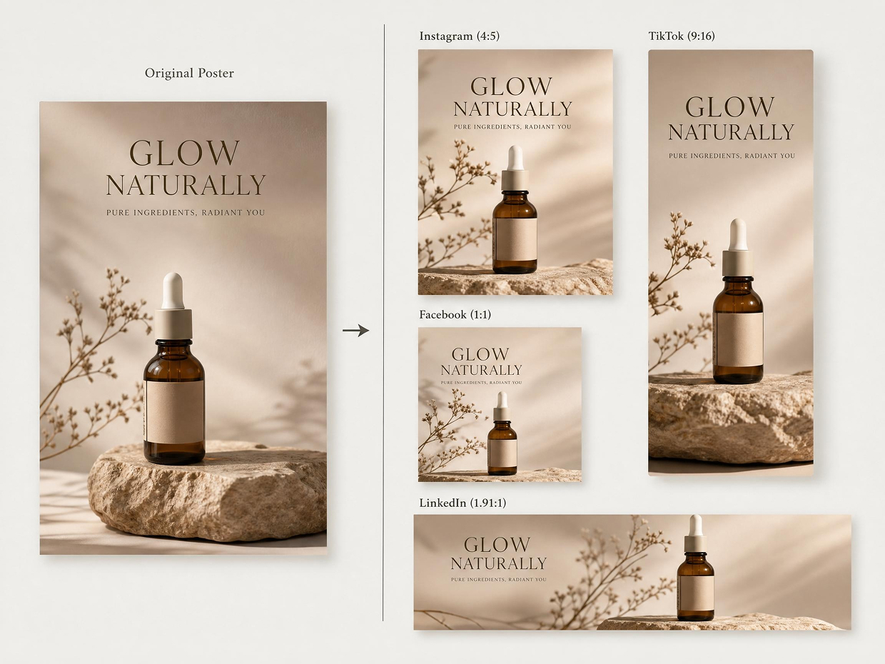 Create platform-sized social media posters for Instagram, TikTok, Facebook, and LinkedIn