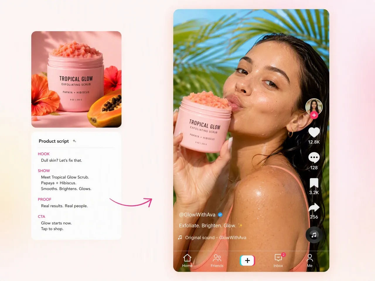 Transforme informações de produtos em vídeos de vendas para TikTok