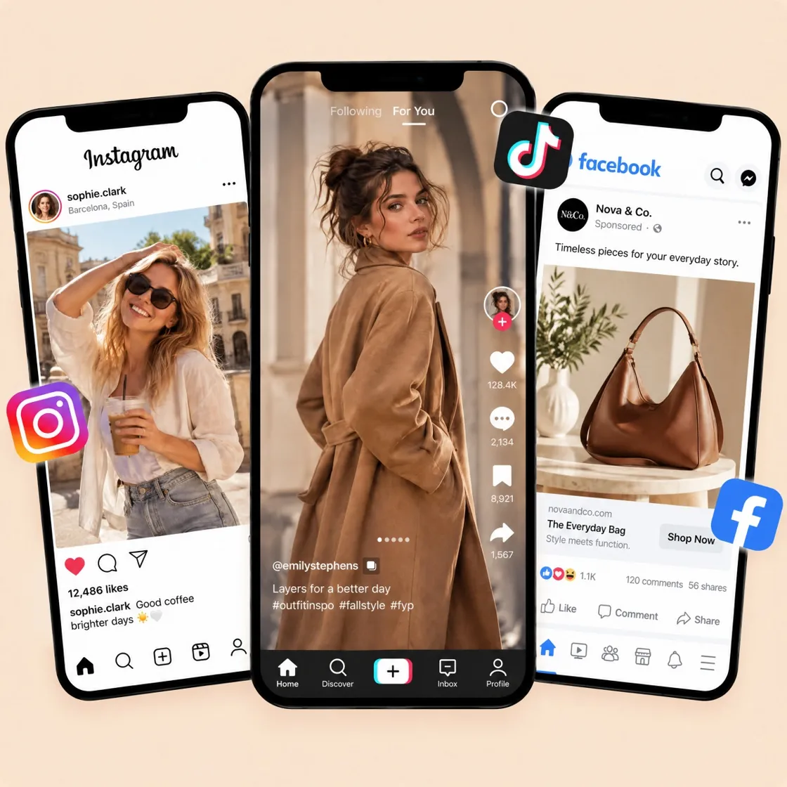 Posts para Instagram, TikTok e Facebook gerados por IA exibidos em três celulares