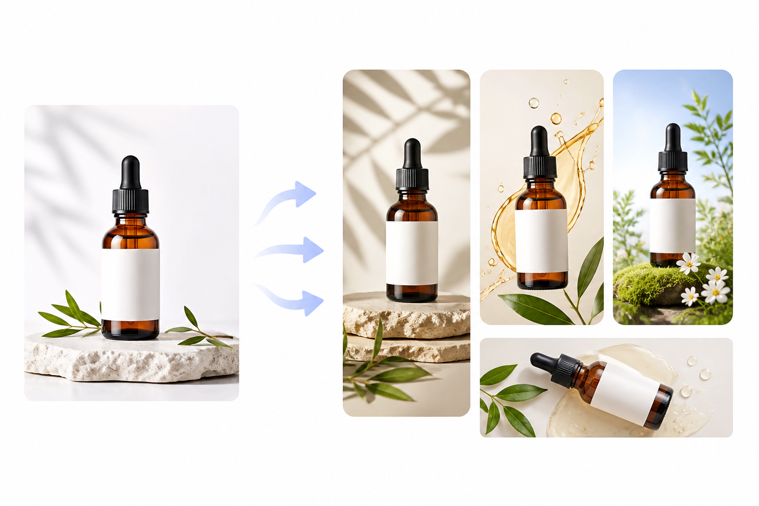 Product photo transformed into multiple TikTok-ready vertical creatives and supporting marketing assets.