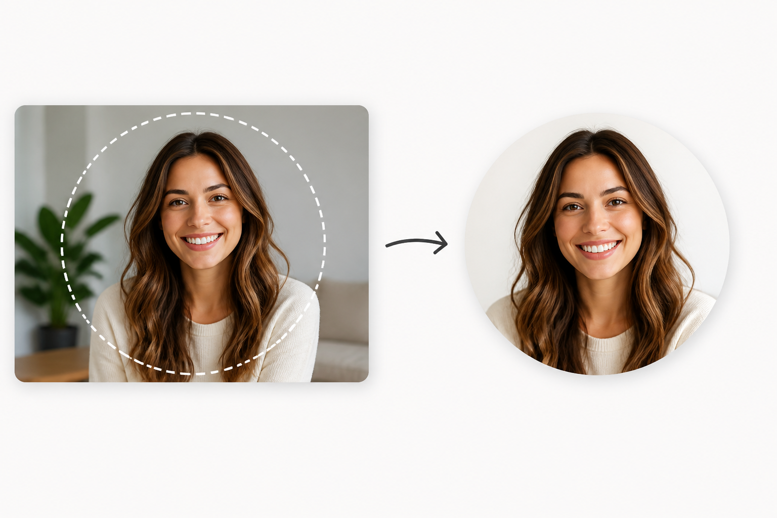 Rectangular photo with a centered circle crop guide converted into a circular image. Rectangular photo with a centered circle crop guide converted into a circular image.