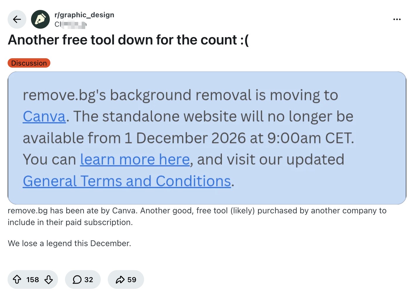 Reddit post in r/graphic_design titled Another free tool down for the count about remove.bg moving to Canva