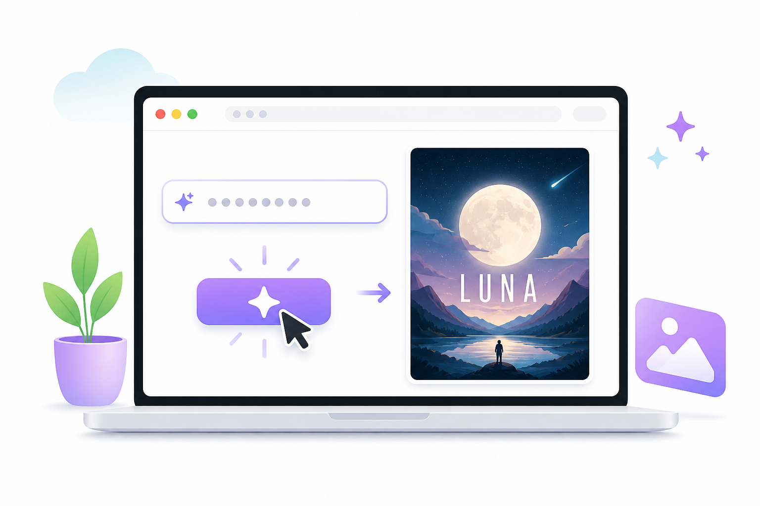 Simple browser-based AI image workspace showing an easy prompt-to-image generation flow. Simple browser-based AI image workspace showing an easy prompt-to-image generation flow.
