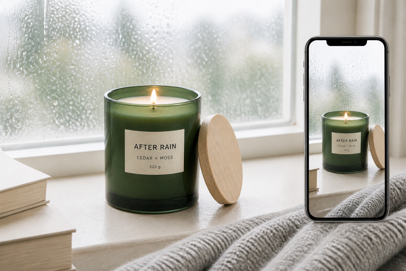 Bright rainy-window product shot of the After Rain candle, with the same scene shown on a vertical phone screen. Bright rainy-window product shot of the After Rain candle, with the same scene shown on a vertical phone screen.