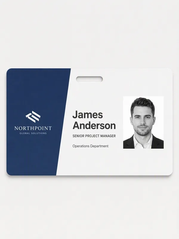 Employee ID card design with portrait area, name, job title, department, and organization details.