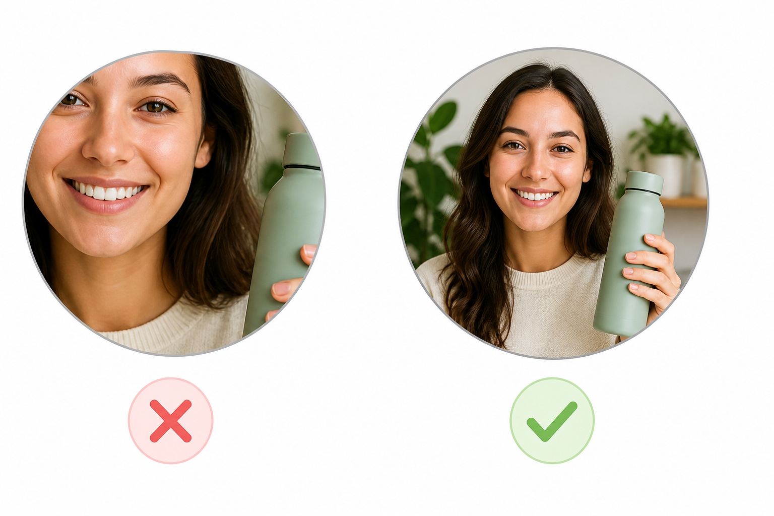 Circular crop that clips face and product edges versus a crop that keeps important details intact. Circular crop that clips face and product edges versus a crop that keeps important details intact.