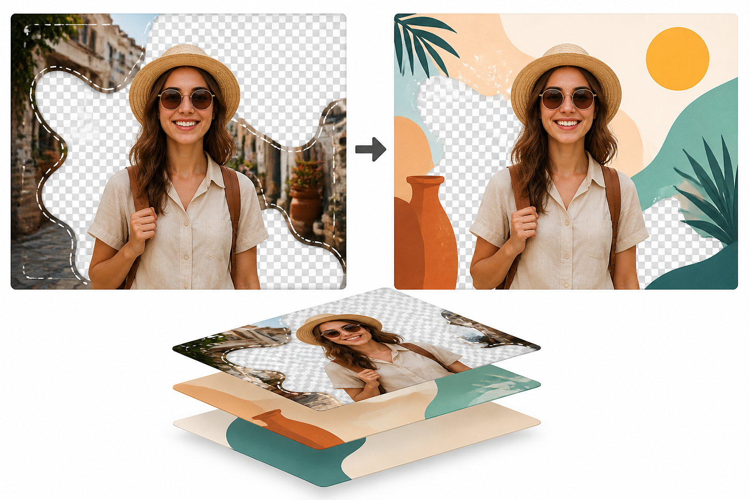 Partial transparency applied to selected areas of an image, then stacked in a layered design so background elements show through. Partial transparency applied to selected areas of an image, then stacked in a layered design so background elements show through.