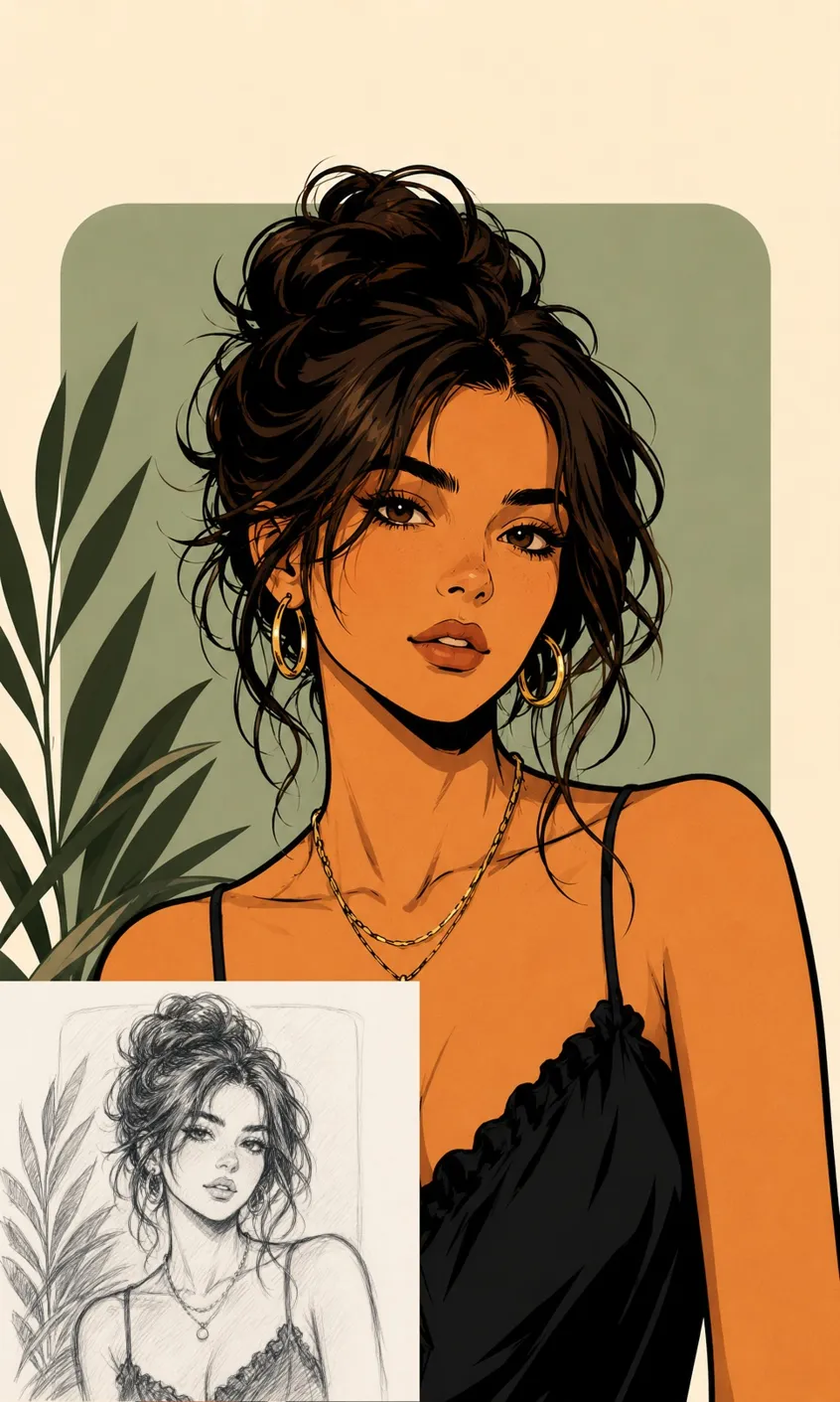 Clean vector character portrait of a woman with dark hair and gold jewelry