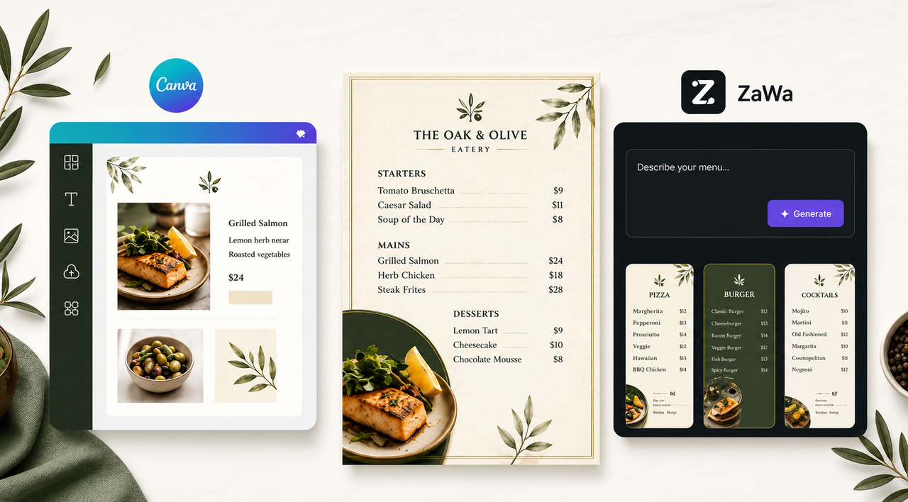 ZaWa AI Menu Maker vs Canva Restaurant Menu