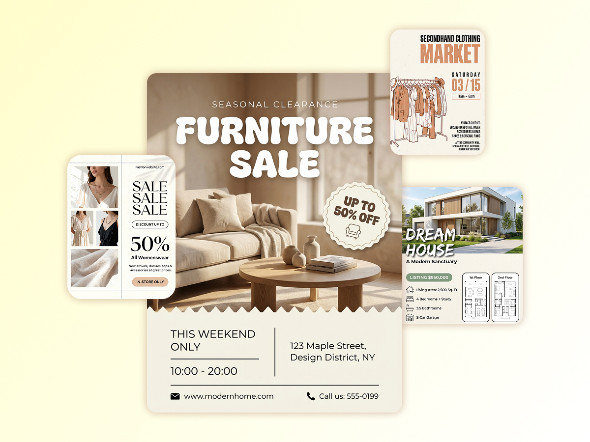 Flyer templates for boutique promotions, local markets, and seasonal retail events.