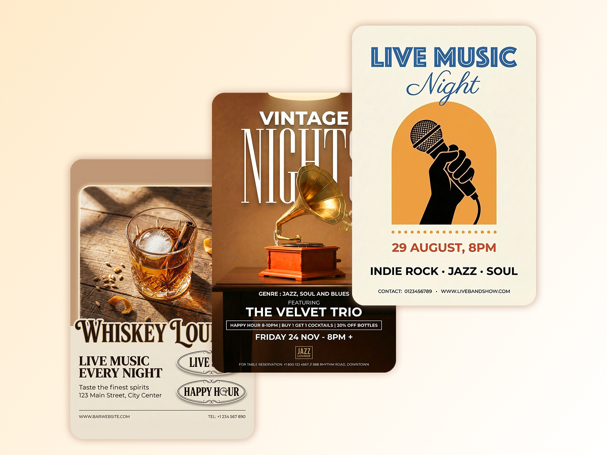 Eye-catching flyer visuals for bars, clubs, and live events generated with AI.