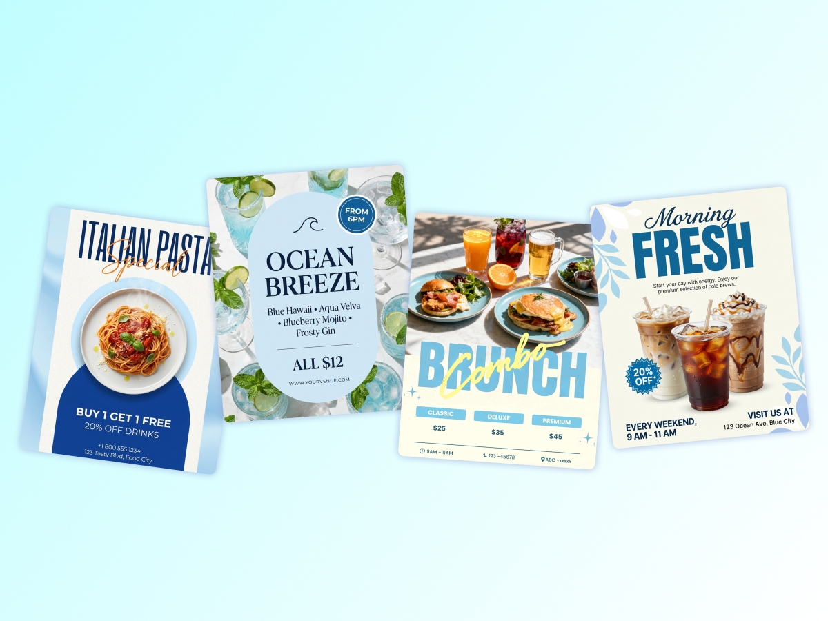 Professional food and beverage flyer designs generated by X-Design’s AI flyer tool.