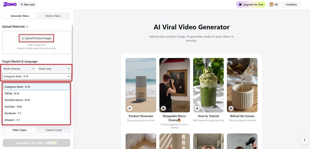 upload product images zawa reel generator