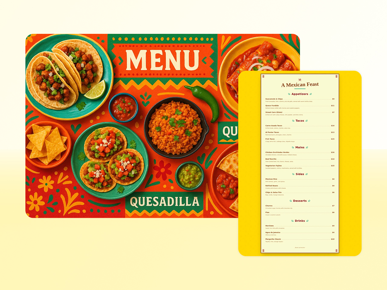Vibrant Mexican menu design with colorful, energetic layouts and festive style.