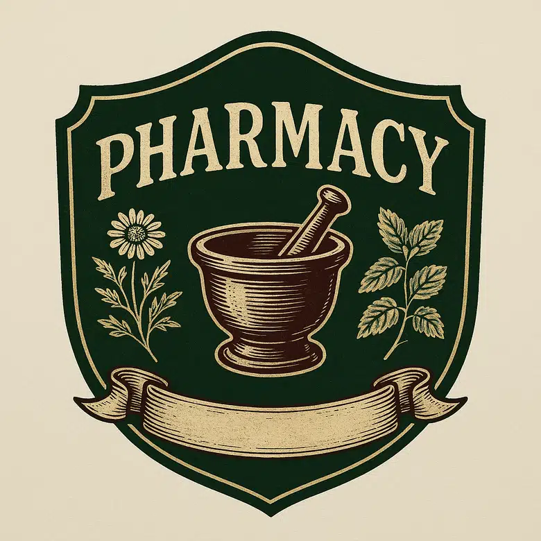 Vintage badge-style pharmacy logo