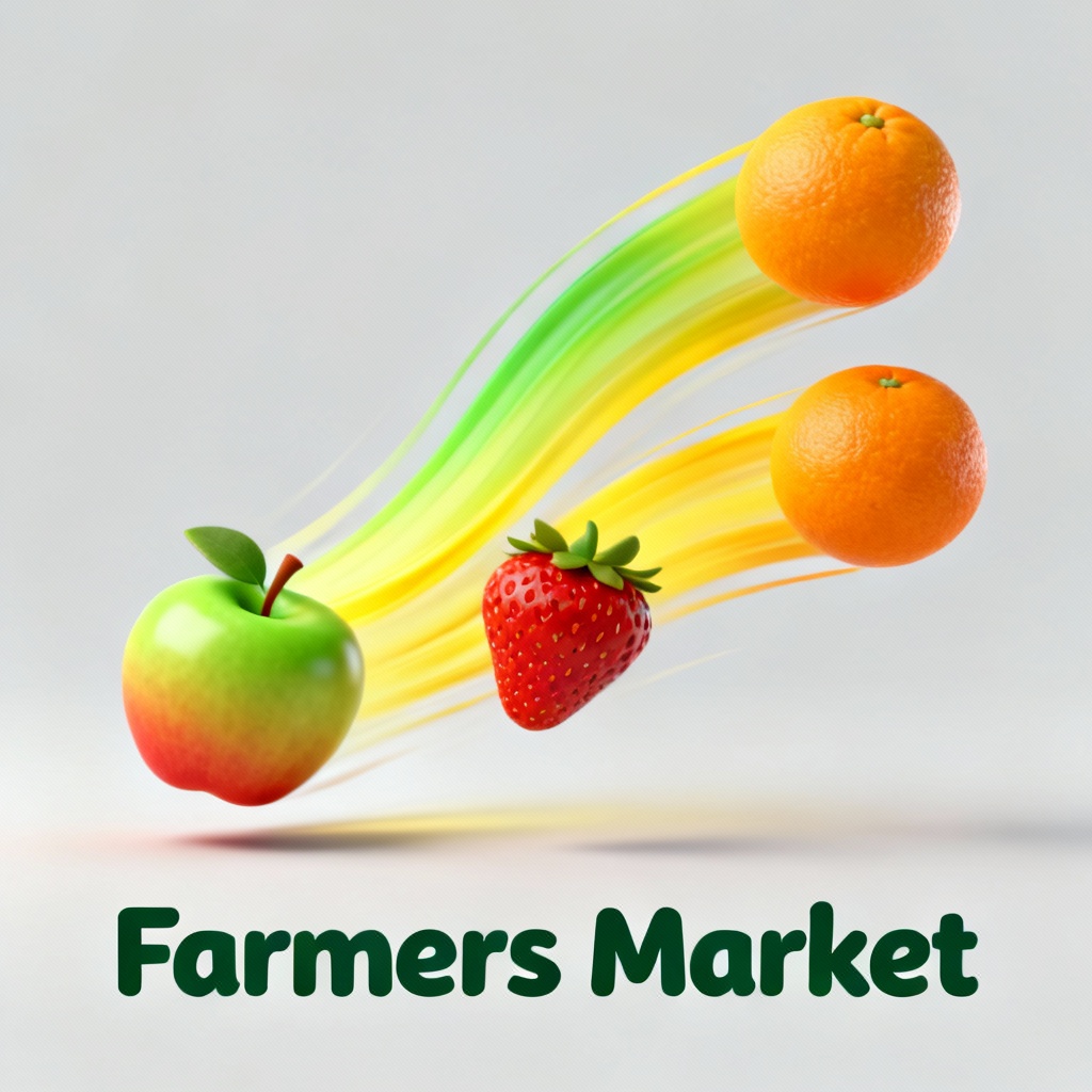  farmers market logo with flying fruits 
