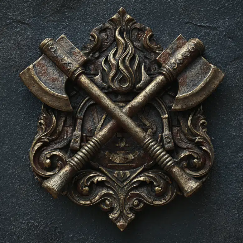 flame and axe emblem in a vintage