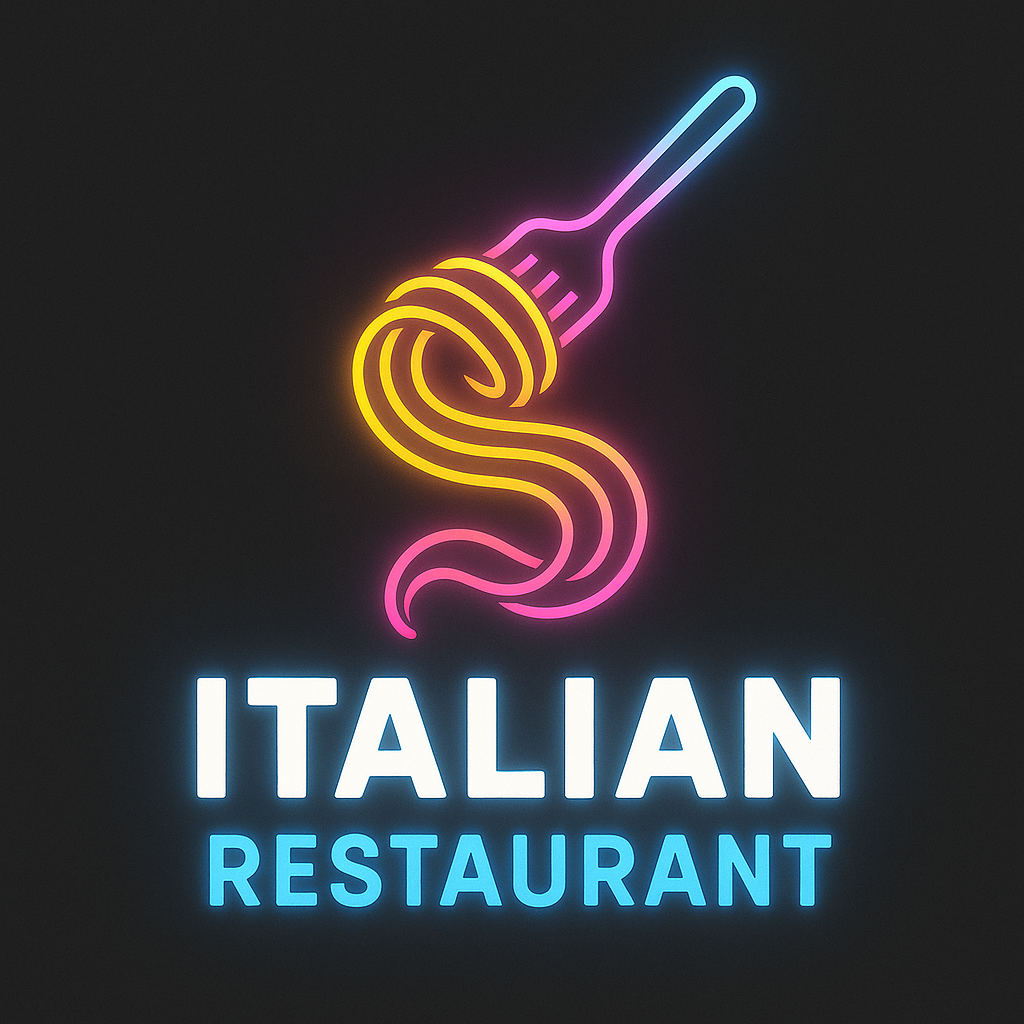 neon Italian restaurant logo with glowing fork 