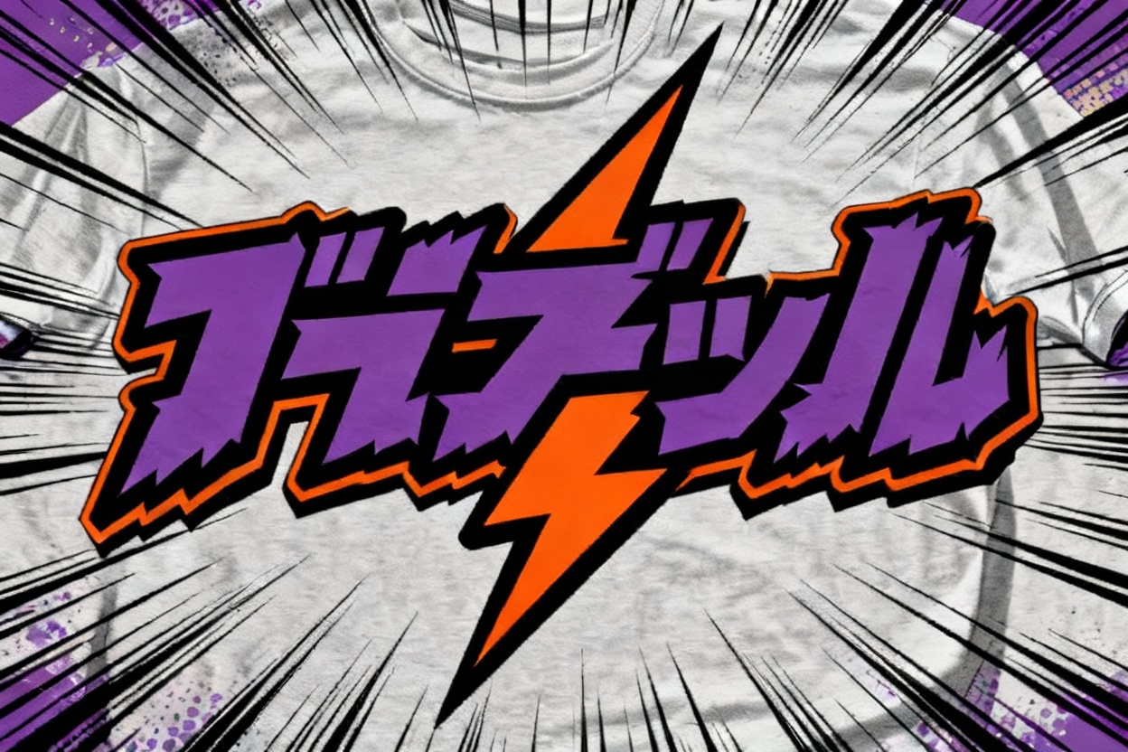 book-style t-shirt logo with action