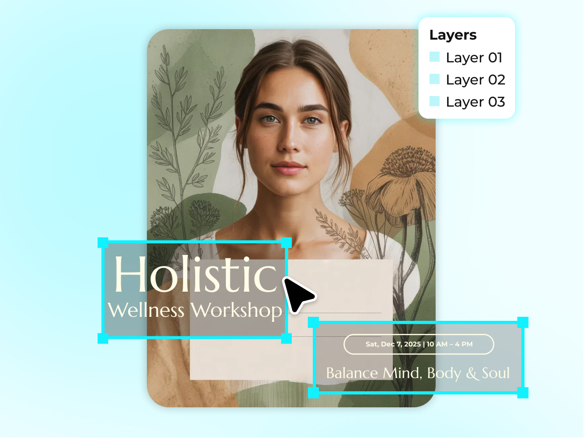 Interface showing editable flyer layers for layout customization and text editing.
