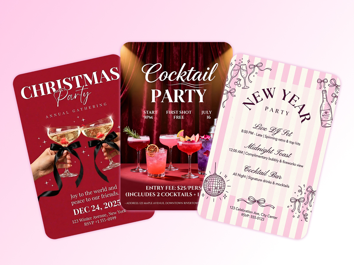 Flyers for workshops, art events, and local gatherings with community-focused design.