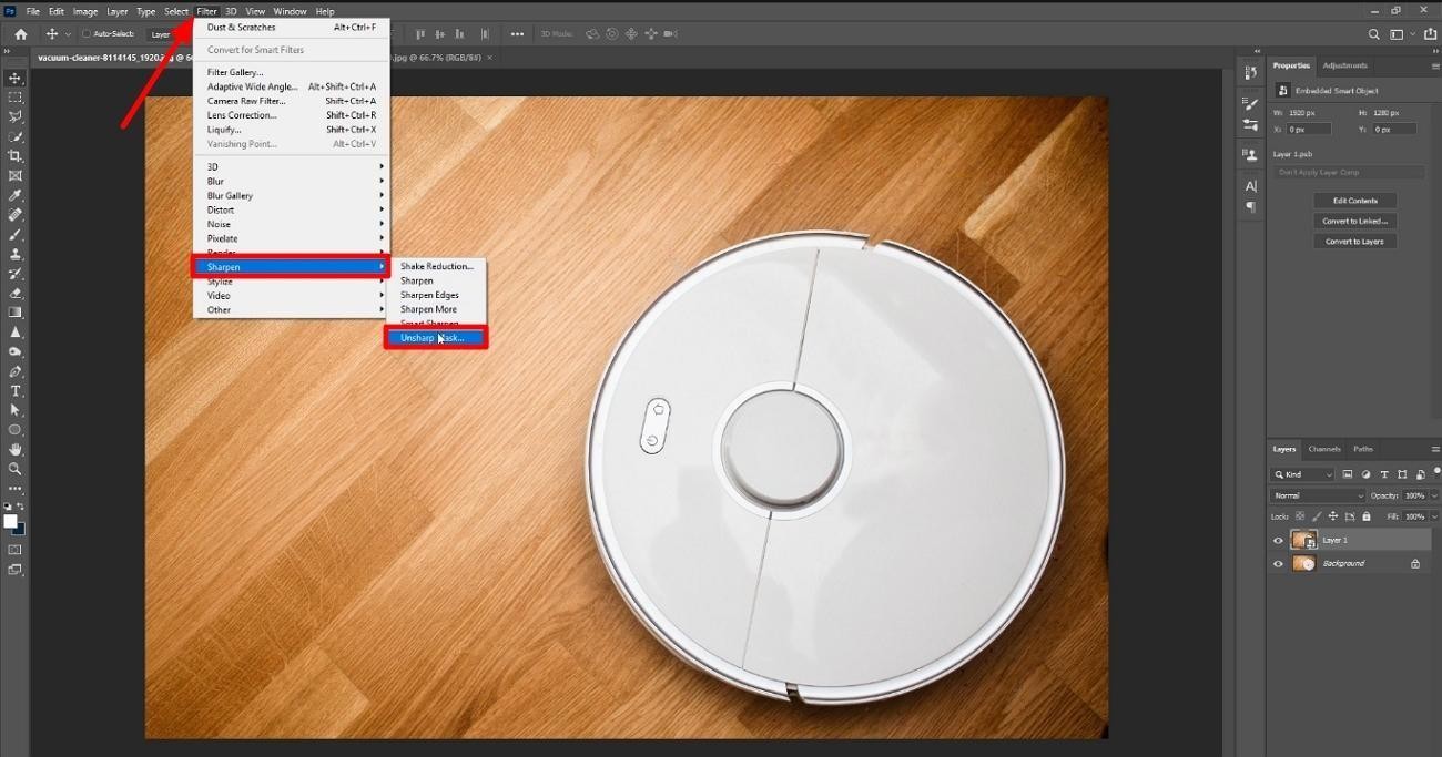 select unsharp mask from filter tab