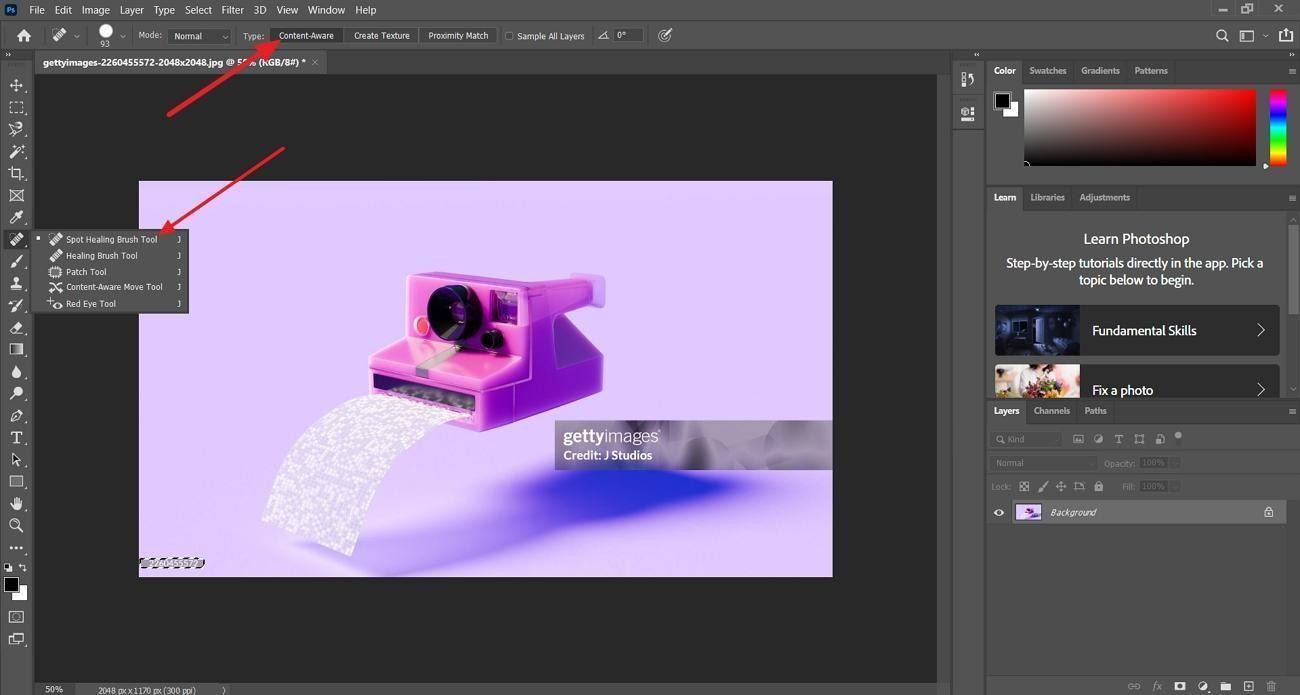 spot healing tool remove watermarks