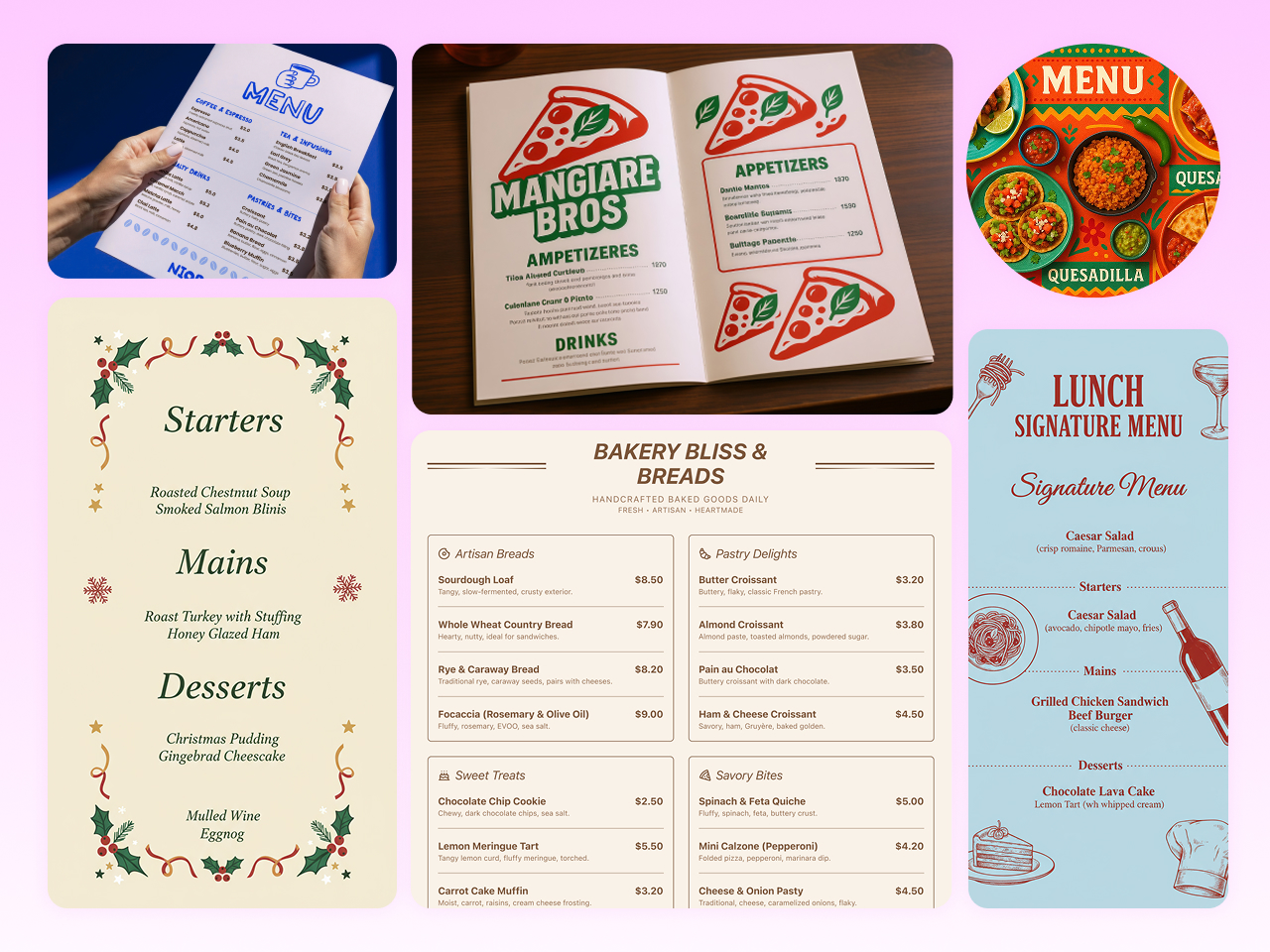 Collage of restaurant menu designs in various styles and categories, showcasing diverse layouts and visual aesthetics.