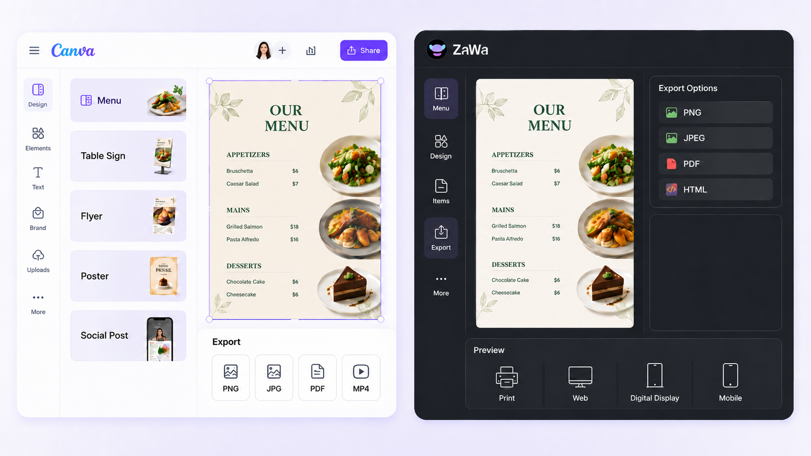 ZaWa AI Menu Maker vs Canva Menu Export