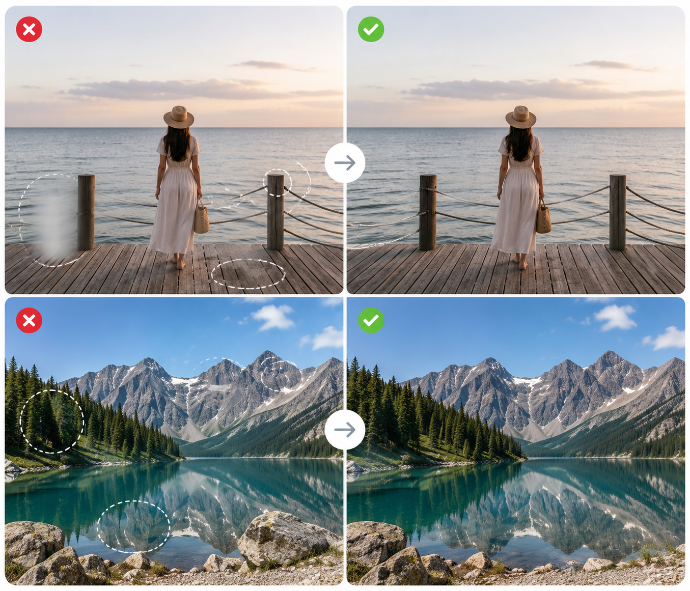 Comparison of natural and unnatural object removal results in photo editing