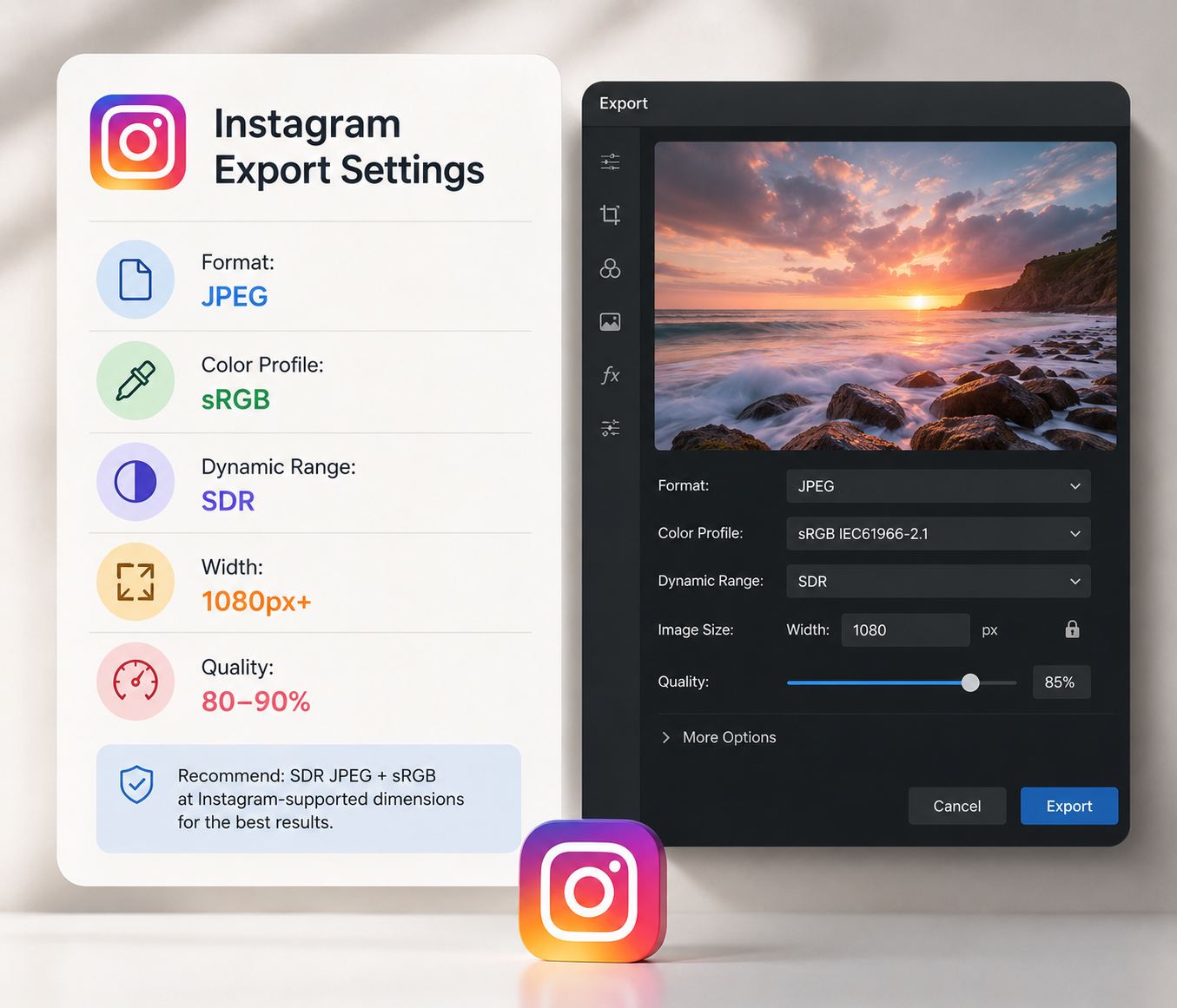 Best Instagram photo export settings with sRGB and SDR JPEG