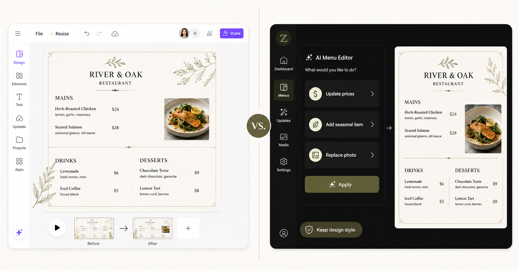 ZaWa AI Menu Editor vs Canva Menu Design