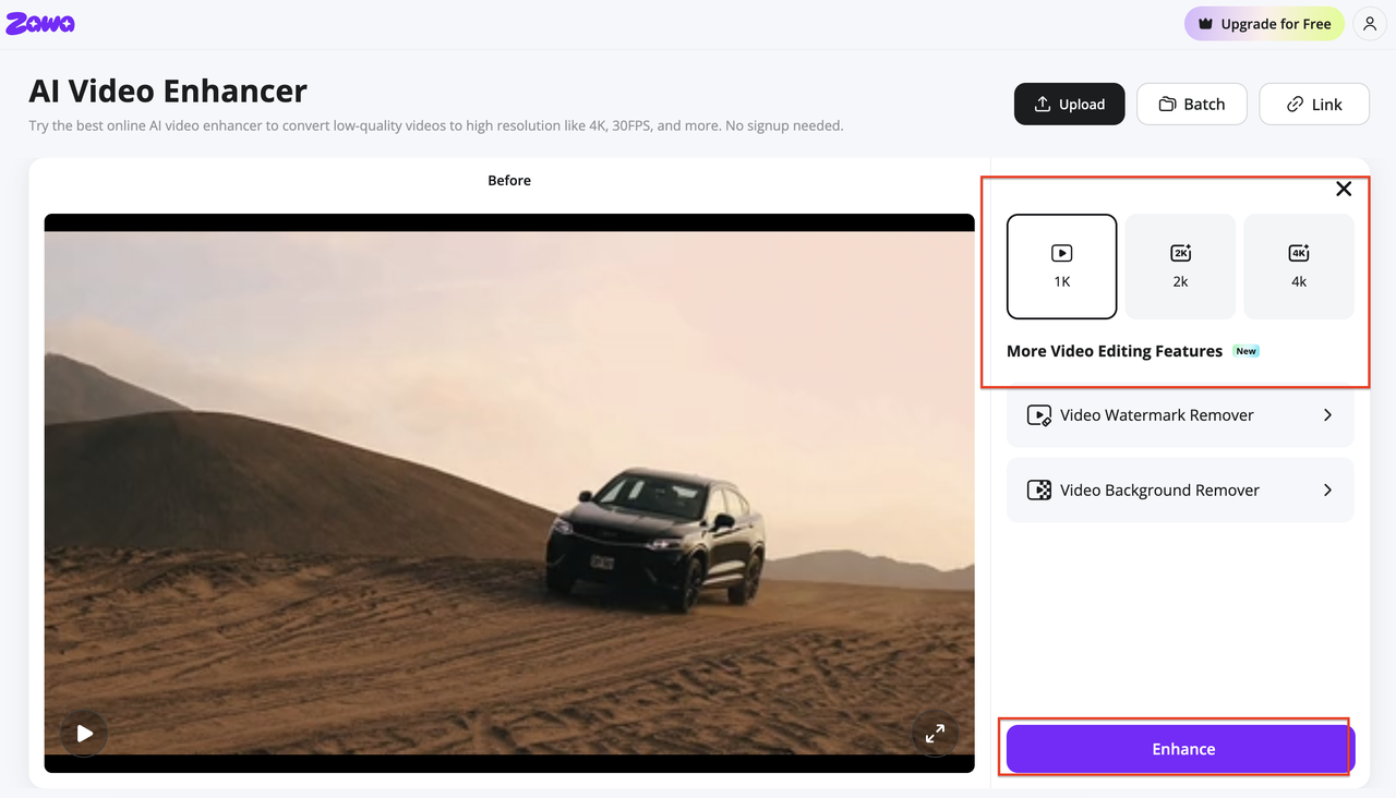 Select the output resolution and enhance