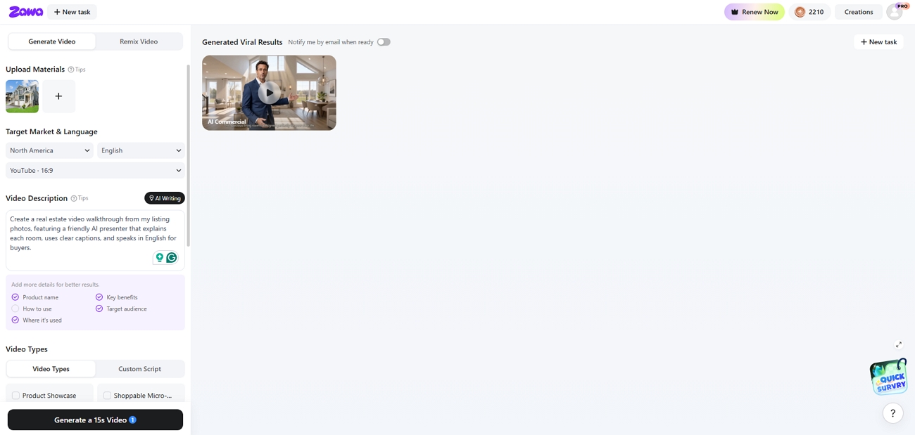 text Zawa real estate video generator